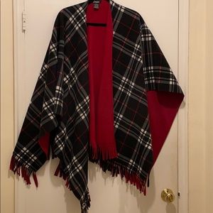 Dark plaid and red poncho